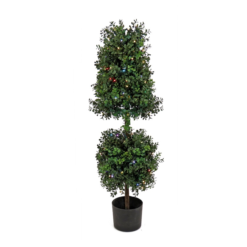 4 ft. Pre-Lit Boxwood Cone and Ball Topiary with Multi-Function LED Lights