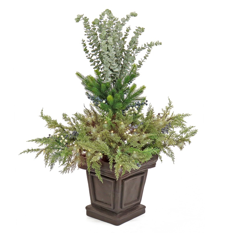 48 in. Pre Lit Cedar and Evergreen Artificial Shrub  with Blue and White Berries, LED Lights