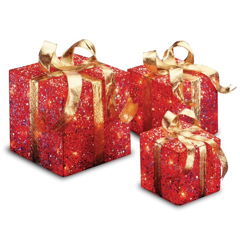 Pre-Lit Red Gift Box with Gold Bow, Set of Three, White Lights, Plug-In
