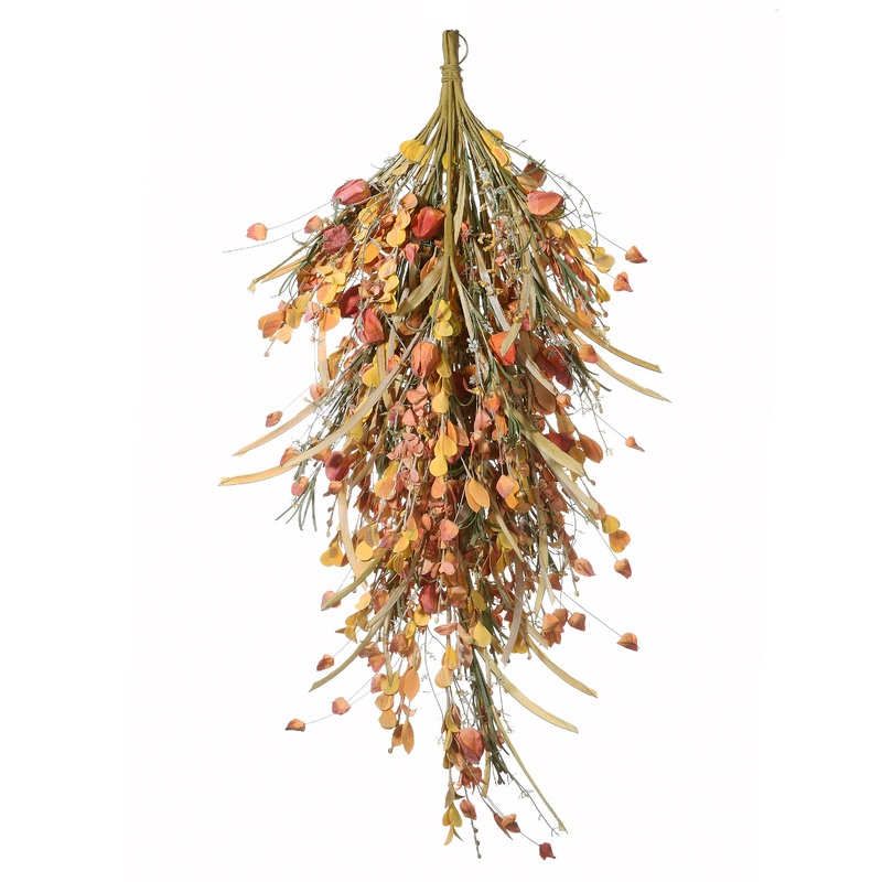 30 in. Fall Teardrop Decoration with Seed Stalks, Straw Fronds, Assorted Leaves