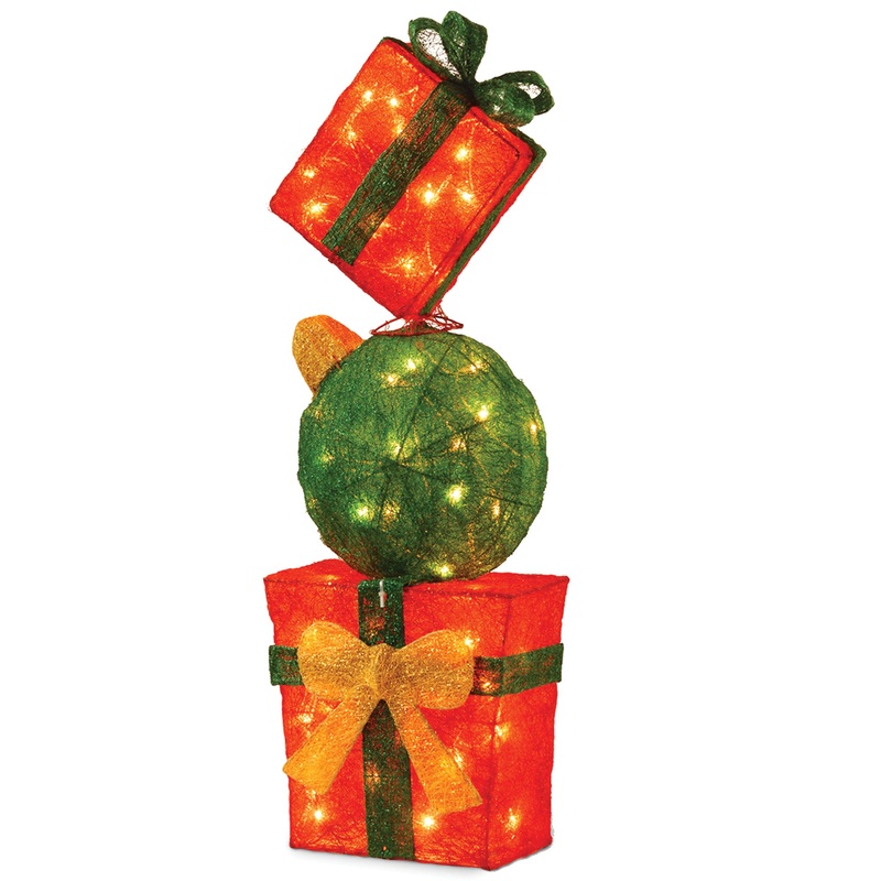 33 in. Pre-Lit Stack of Red and Green Gift Boxes Decoration, White Lights