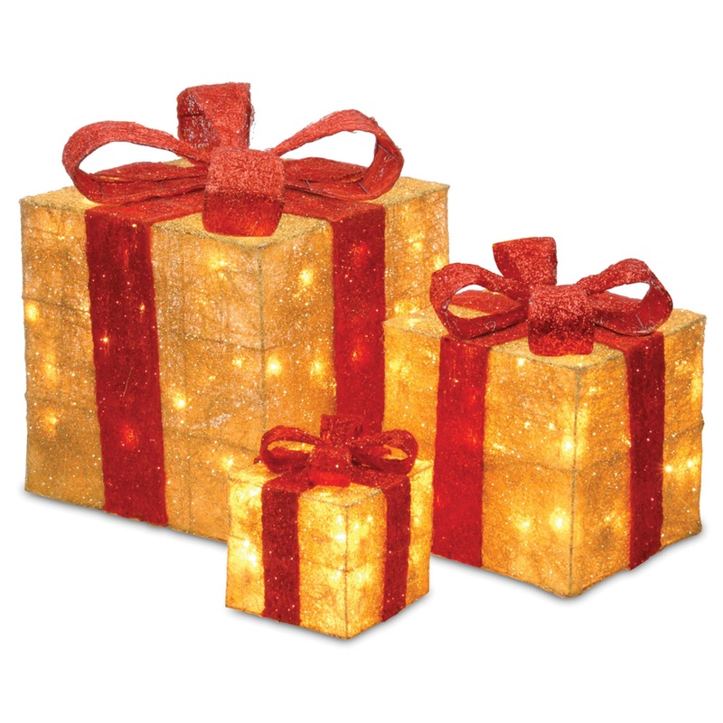 Pre-Lit Gold Gift Boxes, Set of Three, 105 White Lights, Plug-In