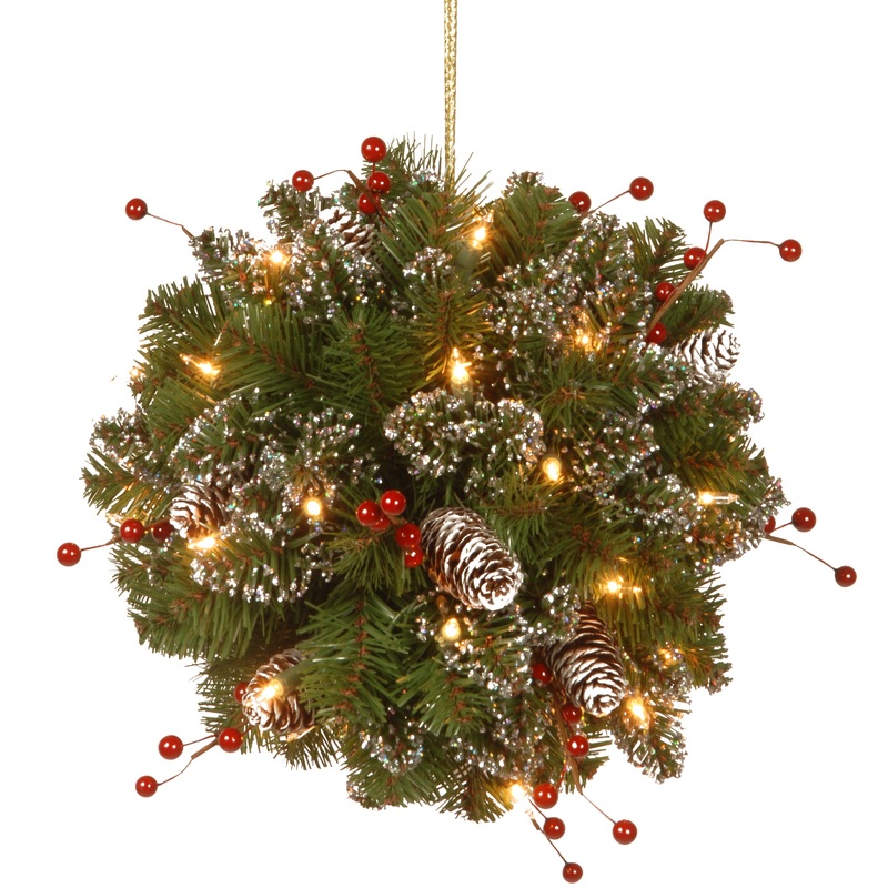 12 in. Pre-Lit Glittery Mountain Spruce Kissing Ball with LED Lights