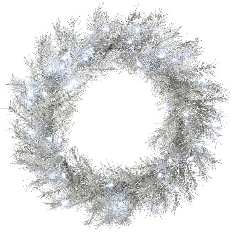 24 in. Pre-Lit Crystal Pine Silver Metallic Wreath, Plug-In
