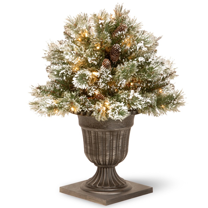 24 in. Pre-Lit Glittery Bristle Pine Porch Bush with Clear Lights