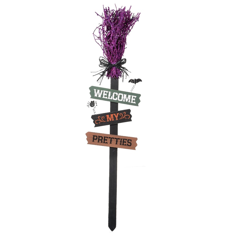 33 in. Halloween Welcome My Pretties Witchs Broom Garden Stake