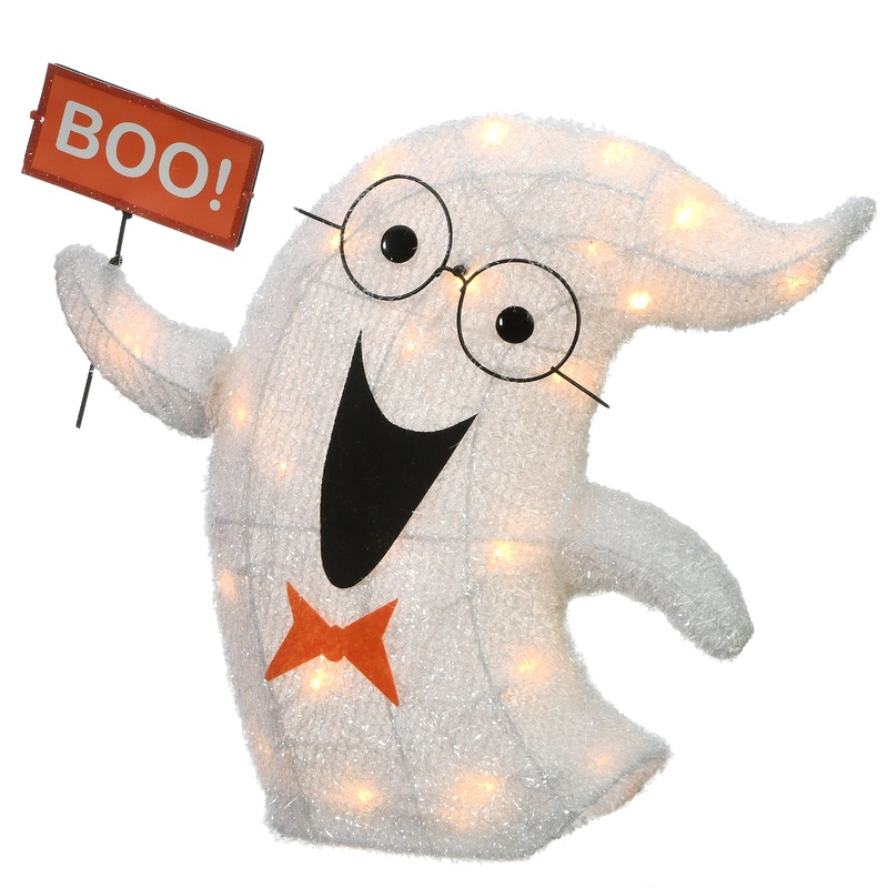 National Tree Company Pre-Lit White Ghost Holding BOO Sign Outdoor Decoration, LED Lights, Halloween Collection, 18 Inches