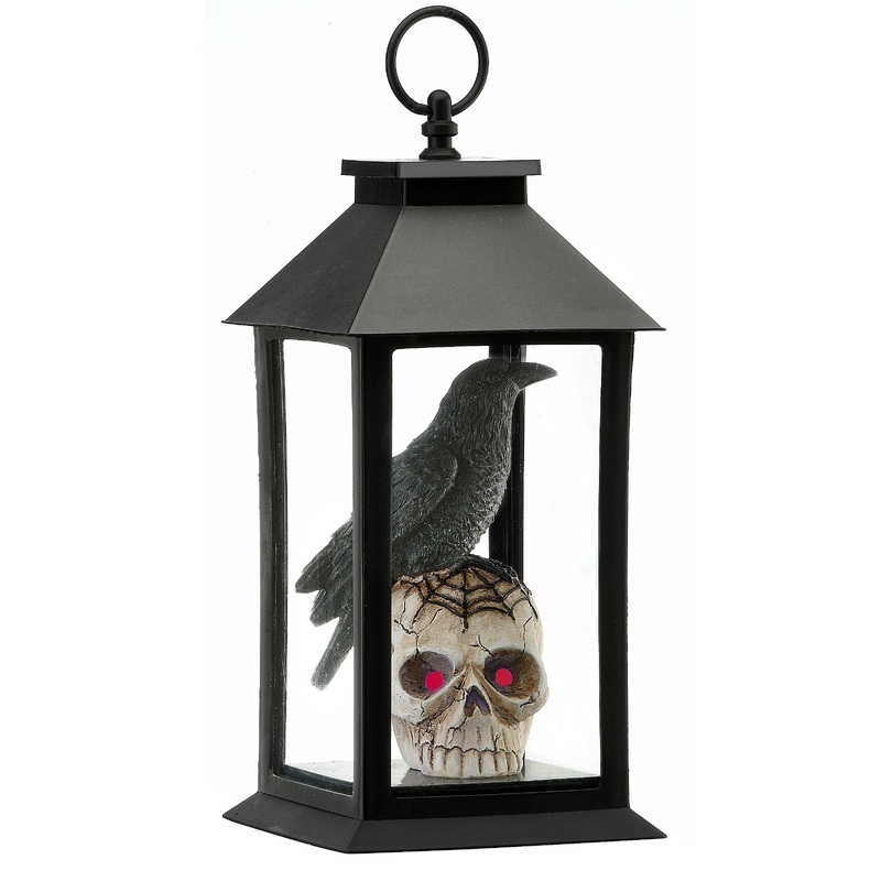 11 in. Pre-Lit Halloween Crow and Skull Lantern Decoration with LED Lights