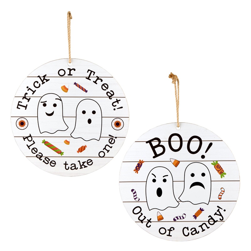 12 in. Halloween Hanging Double Sided Sign, White, Trick or Treat, Out of Candy