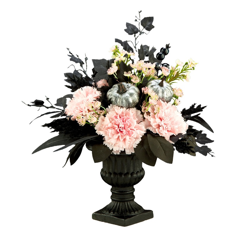 17 in. Halloween Pretty Morbid Pink Carnation Centerpiece with Black Pedestal Urn, Velvet Pumpkins
