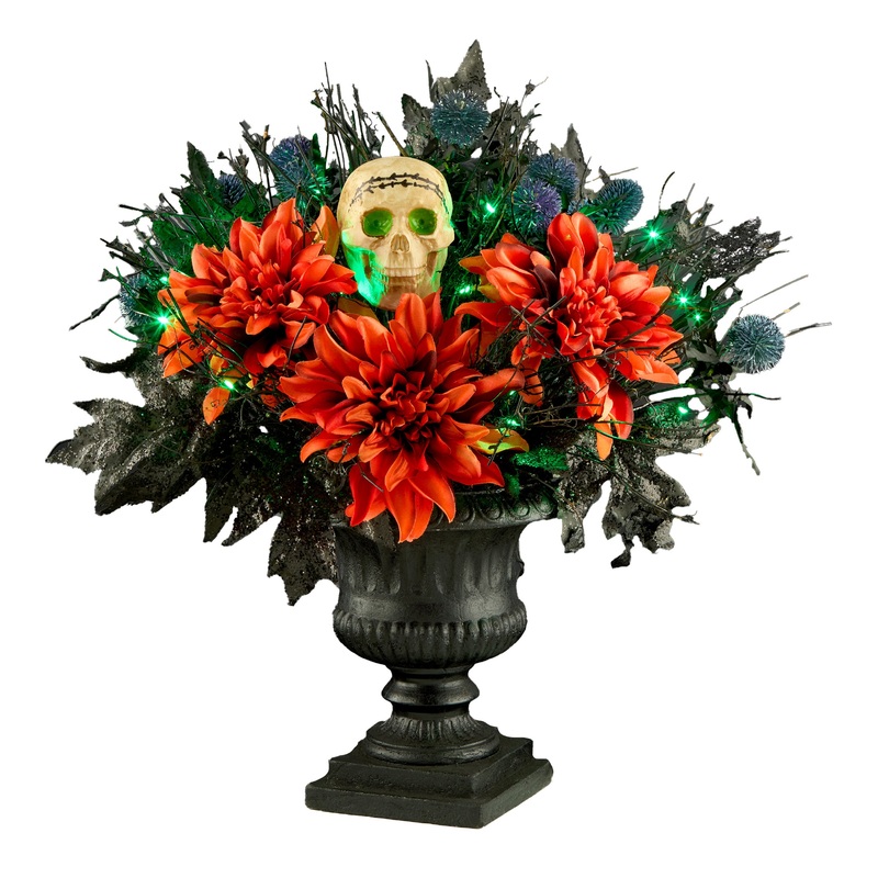 20 in. Halloween Boo-tiful Urn with Orange Florals and White Skull, LED Lights