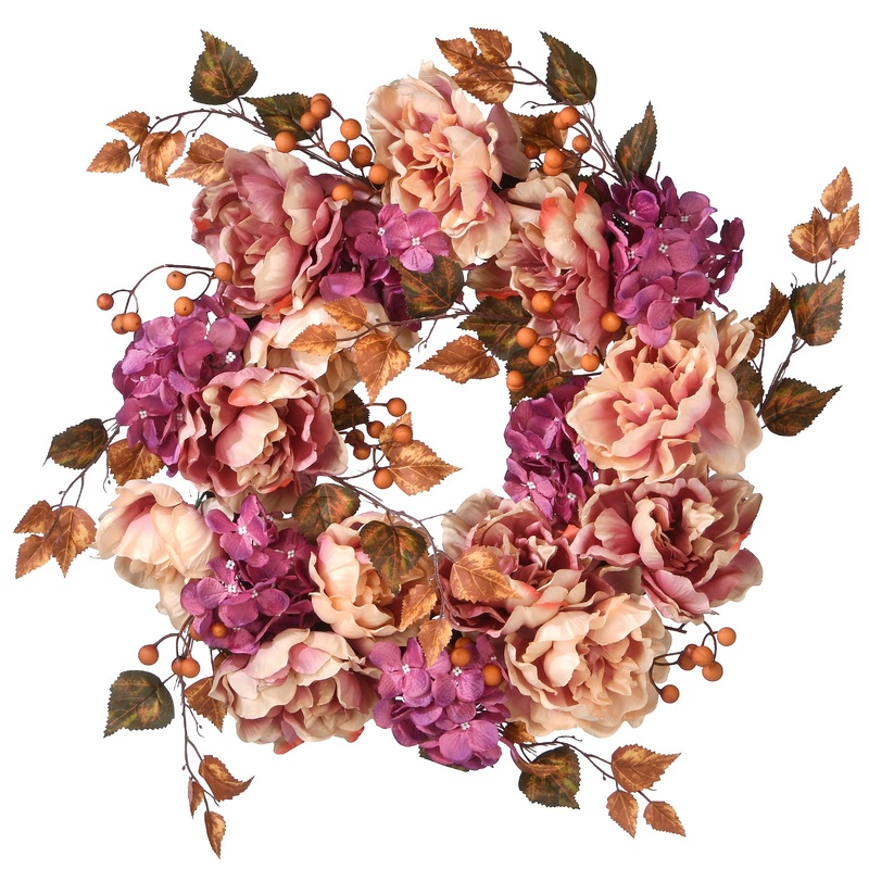 24 in. Fall Wreath with Hydrangeas, Peonies, Berries, Leafy Branches