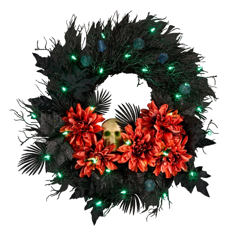 24 in. Halloween Boo-tiful Wreath with Orange Florals and White Skull, LED Lights