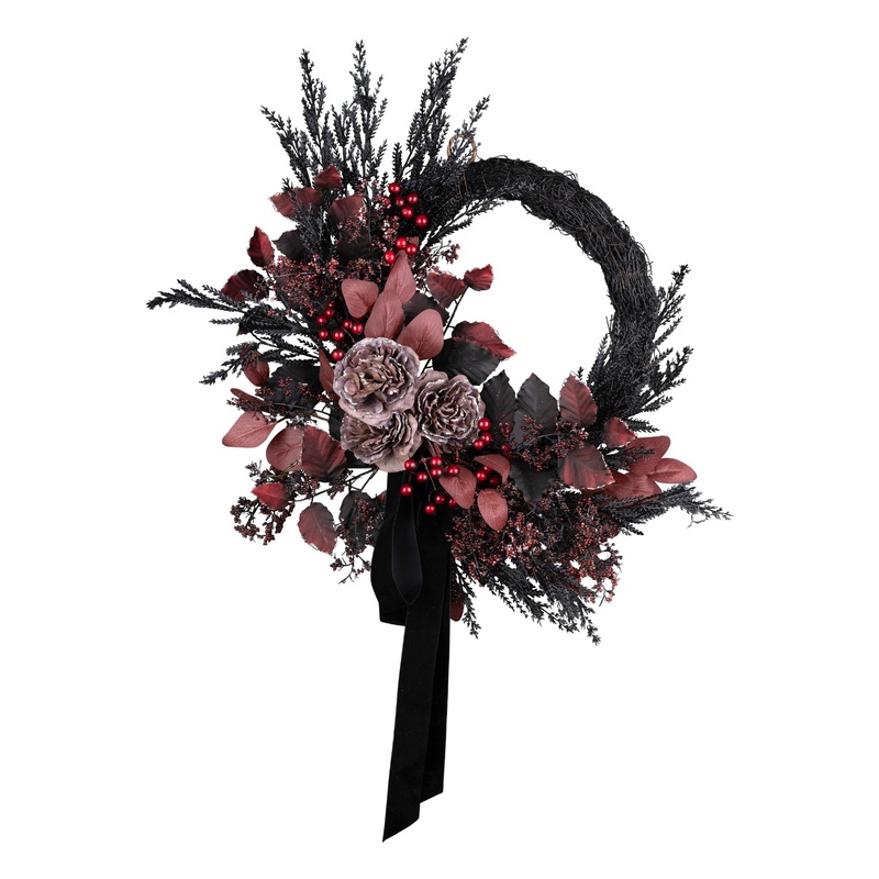 24 in. Halloween Red Widow Wreath with Black Ribbon