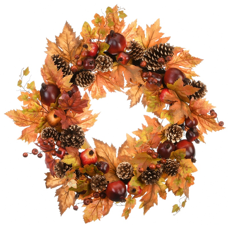26 in. Fall Wreath with Pomegranates, Berry Clusters, Pine Cones, Maple Leaves