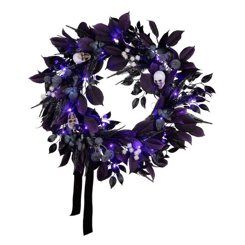 26 in. Halloween Floral Mini Skull Wreath with LED Lights