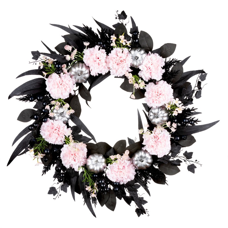 26 in. Halloween Pretty Morbid Pink Carnation Wreath with Silver Pumpkins