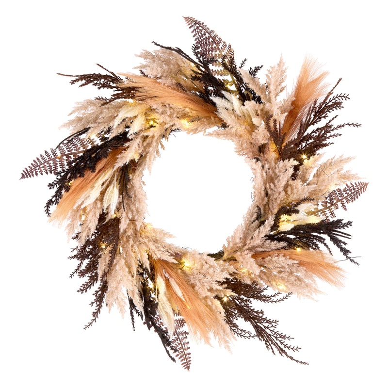 26 in. Pre-Lit Halloween Orange and Black Pampas Wreath with LED Lights