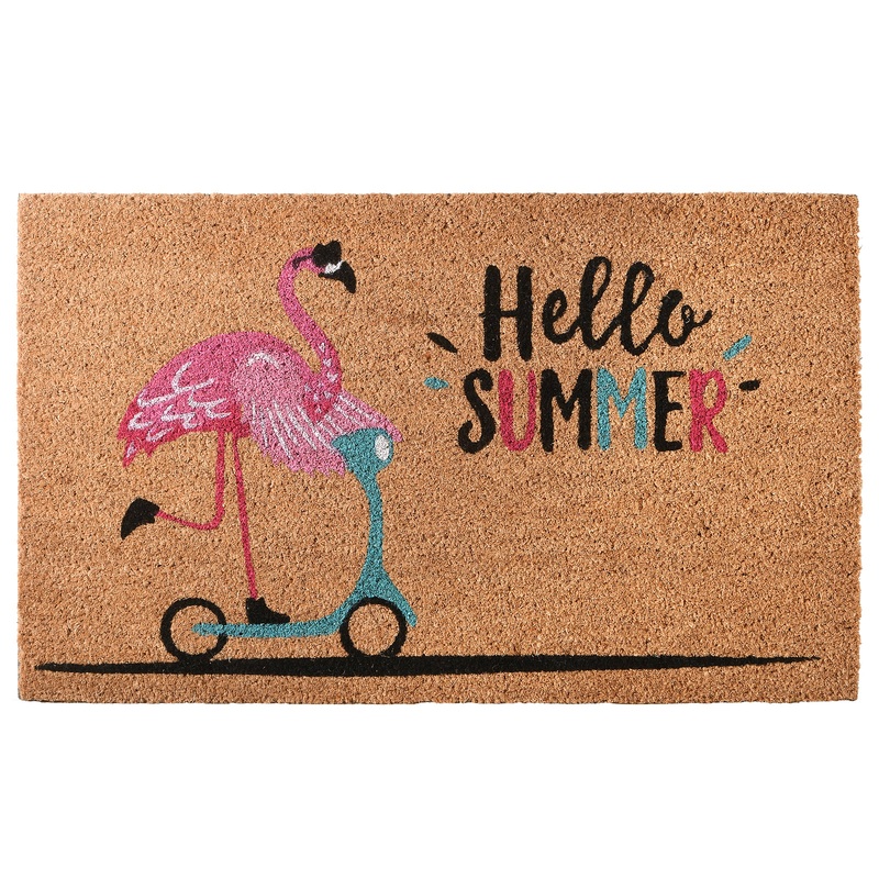 30" Pink Flamingo Hello Summer Beige Coir Doormat