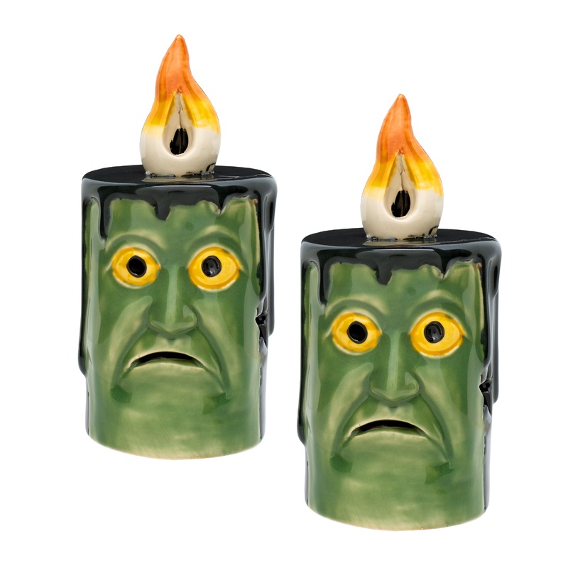 6 in. 2-Piece Halloween Frankenstein Porcelain Candle with Multicolor LED Lights