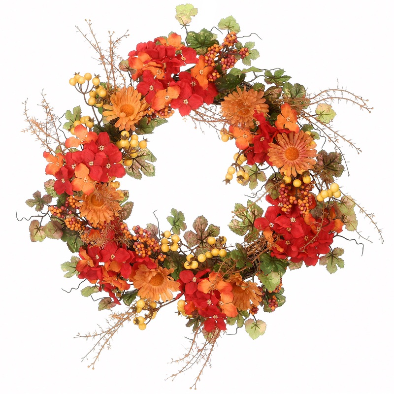 National Tree Company Artificial Autumn Wreath, Decorated with Hydrangea Blooms, Berry Clusters, Daisies, Assorted Leaves, Autumn Collection, 22 Inches