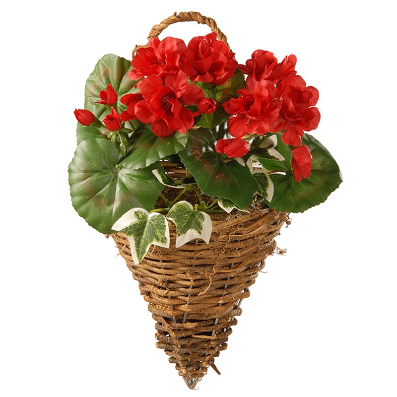 11 in. Spring Wall Cone Basket with Red Geranium & Ivy Flowers