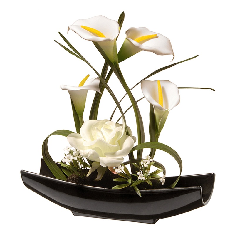 11 in. Spring White Lilies and Roses Flowers Potted in a White Base