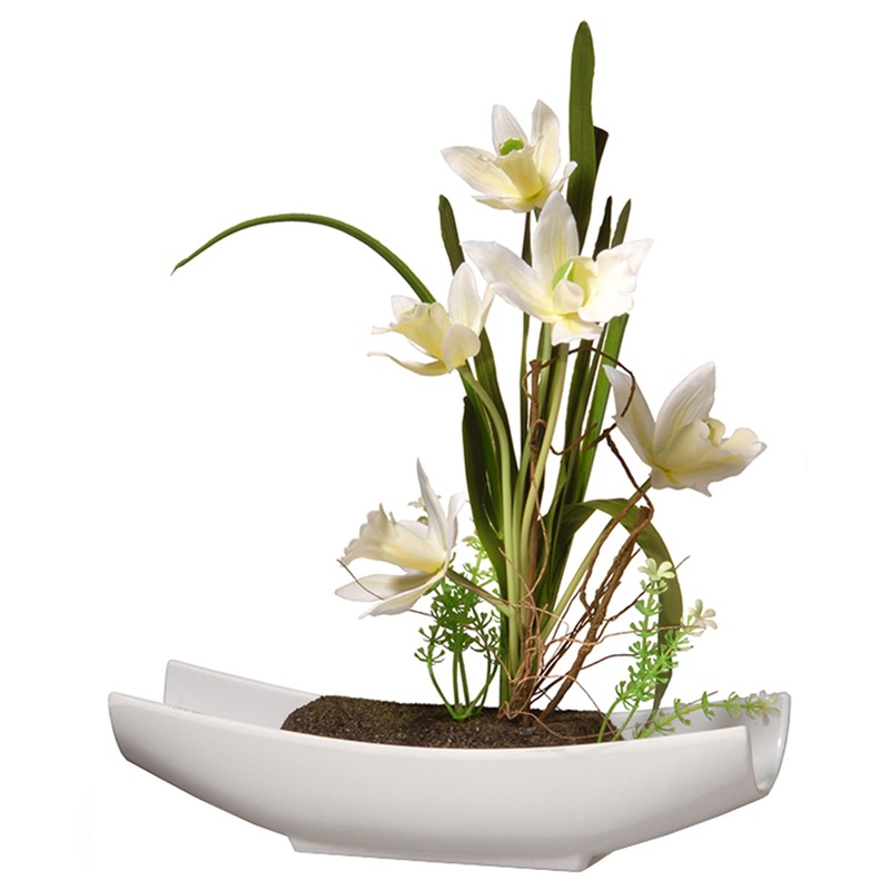 11 in. Spring Yellow Orchids Flower Potted in a White Base