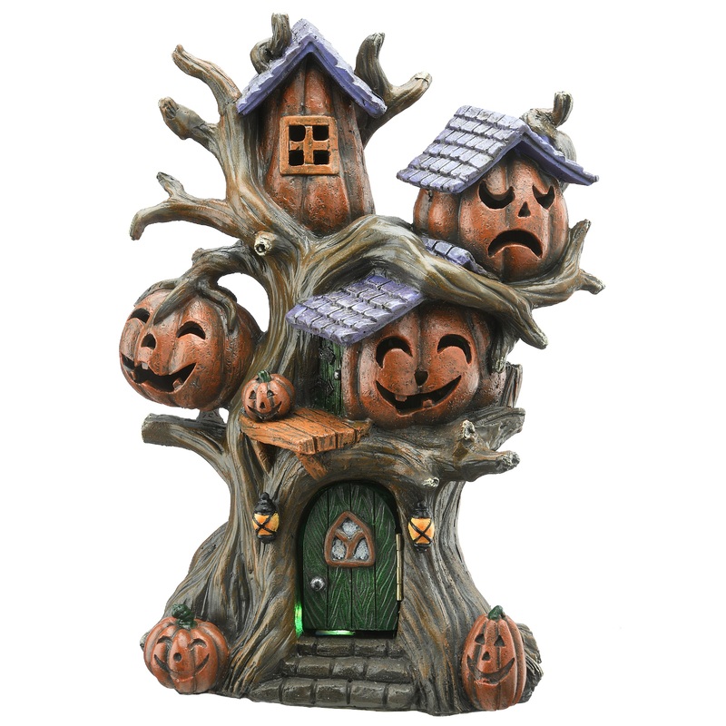 12 in. Halloween Pumpkin Tree House with Multi Color LED Lights