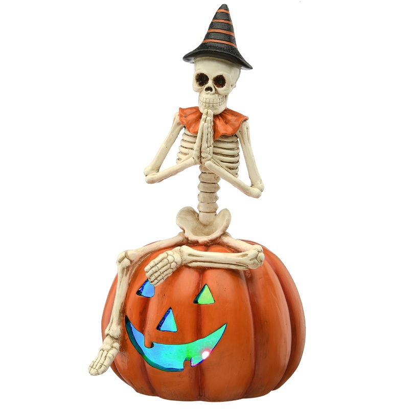 12 in. Halloween Trick or Treat Skeleton on Jack O Lantern with LED Lights