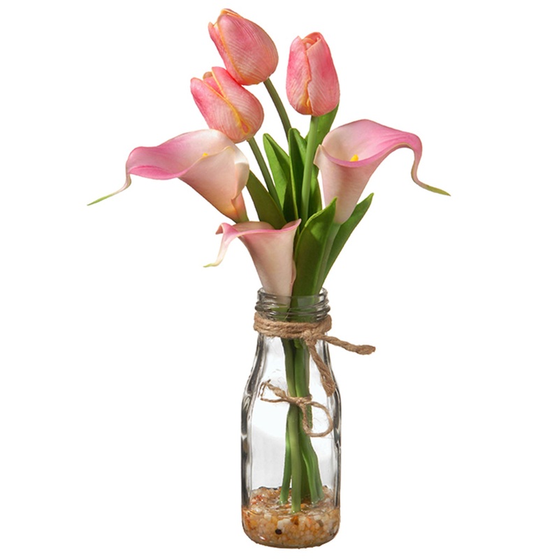 12 in. Spring Flower Bouquet in Glass Vase with Pink Tulips, Leafy Greens