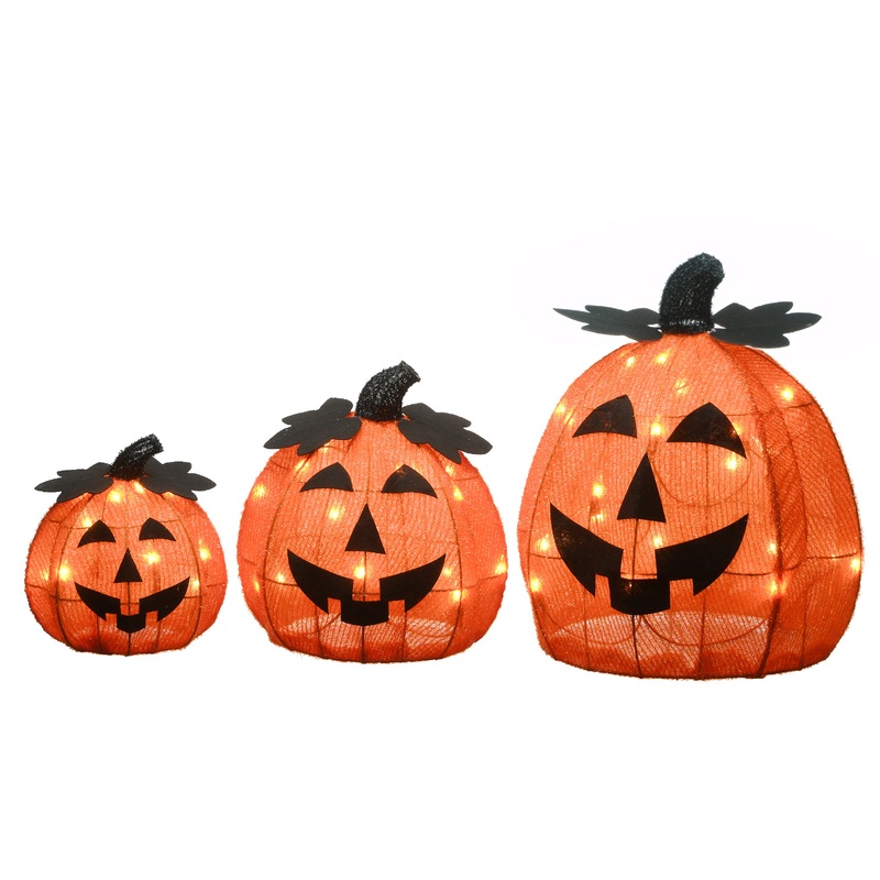 15 in. 3-Piece Halloween Pre-Lit Happy Jack-O-Lantern Trio with LED Lights, Plug-In
