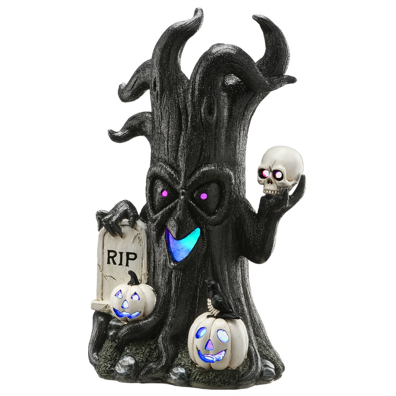 15 in. Halloween Tree Holding Skull and RIP Tombstone with LED Lights