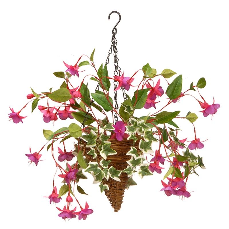 15 in. Spring Hanging Cone Basket with Purple Flowers, Ivy