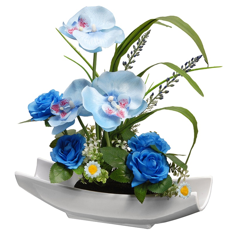 15 in. Spring Potted White Orchid and Blue Roses Flower Pot with Leafy Greens