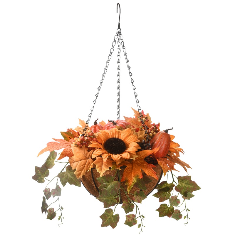 18 in. Fall Hanging Basket with Ivy Leaves, Sunflowers, Cones, Berries, Gourds, Pumpkin