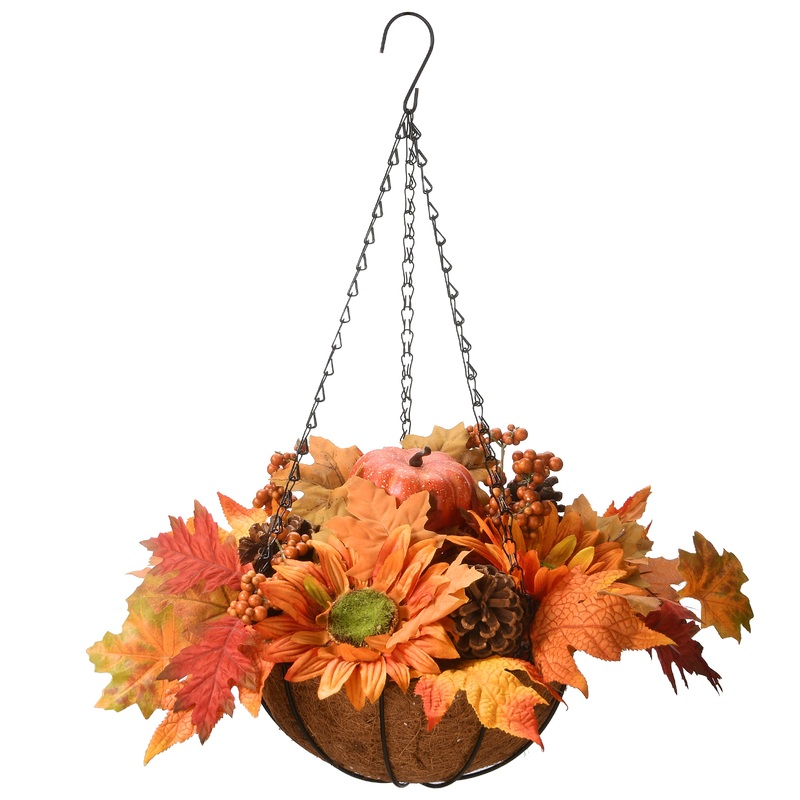 18 in. Fall Hanging Basket with Maple Leaves, Sunflowers, Cones, Berries, Pumpkin
