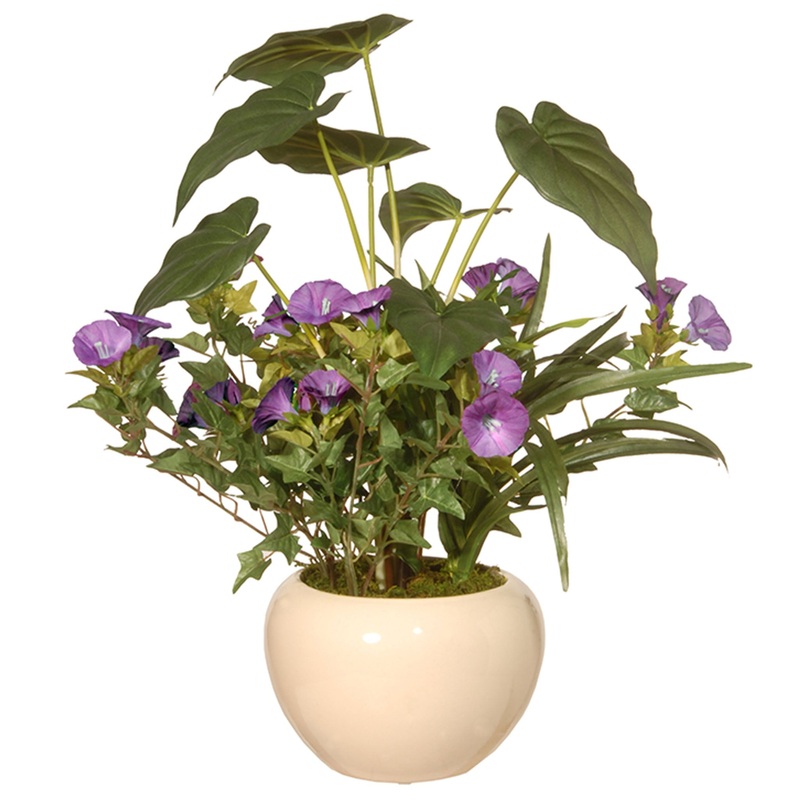 18 in. Spring Purple Flower Blooms Potted Plant in a Cream Ceramic Pot