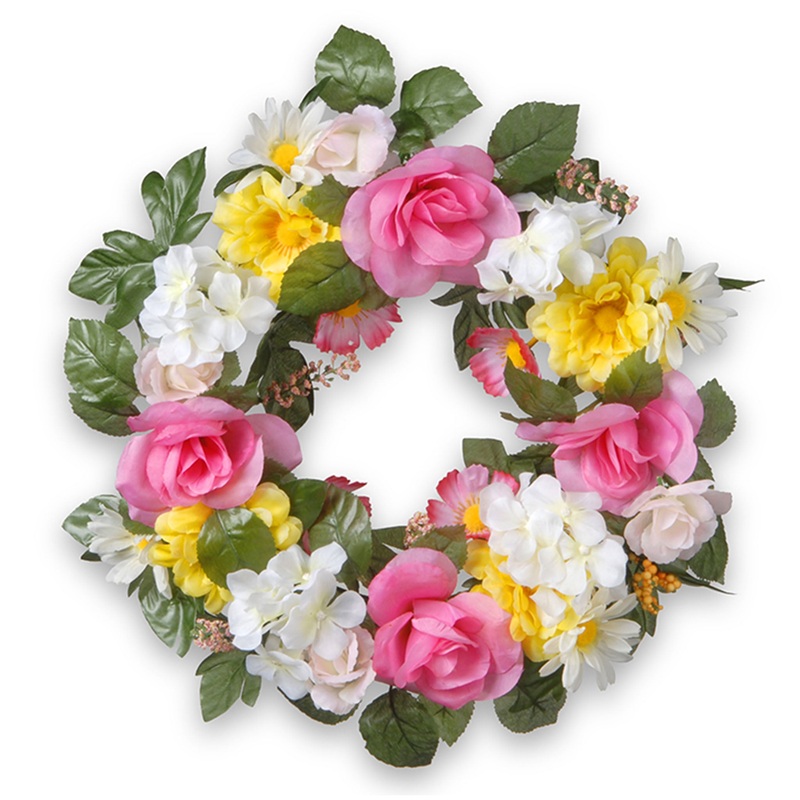 18 in. Spring Wreath with Multicolor Daisy and Rose Blooms, Leafy Greens, Berry Clusters