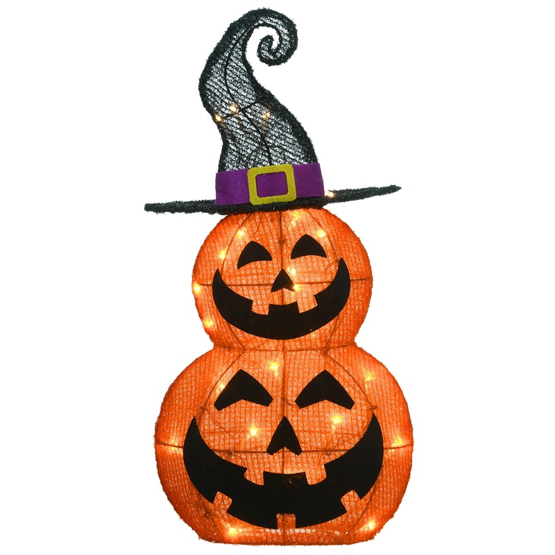 19 in. Halloween Pre-Lit Stacked Pumpkins in Witchs Hat Outdoor Decoration with LED Lights