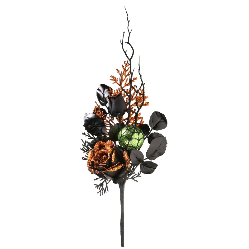 20 in. Set of 2 Halloween Spooky Bouquet with Roses, Ball Ornaments, Twigs, Leaves