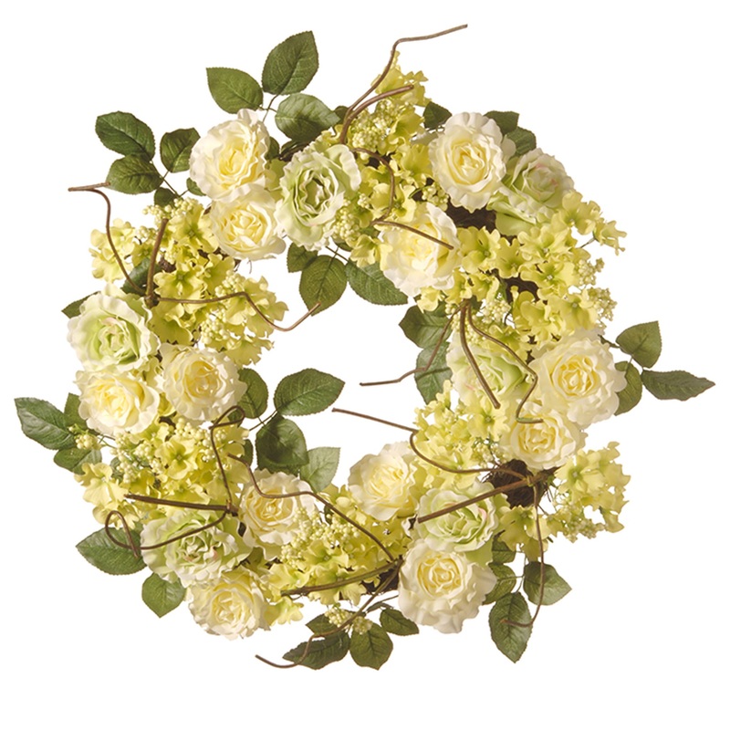 20 in. Spring Wreath with Cream Rose Blooms, Branches, Leafy Greens