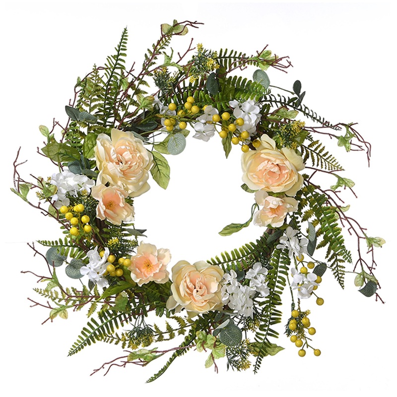 20 in. Spring Wreath with Pink and White Flower Blooms, Yellow Berry Clusters, Fern Fronds