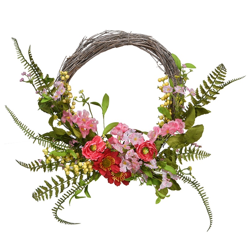 20 in. Spring Wreath with Red and Pink Flower Blooms, Yellow Berry Clusters, Fern Fronds