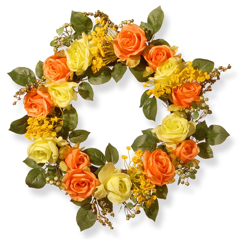 20 in. Spring Wreath with Yellow and Orange Rose Blooms, Seed Pods, Berry Clusters, Leafy Greens