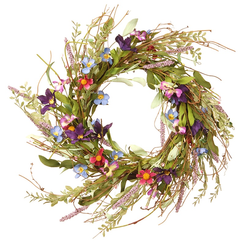 20in. Spring Wreath with Blue, Red and Pink Mixed Flower Blooms, Flowing Green Stems, Seed Pods