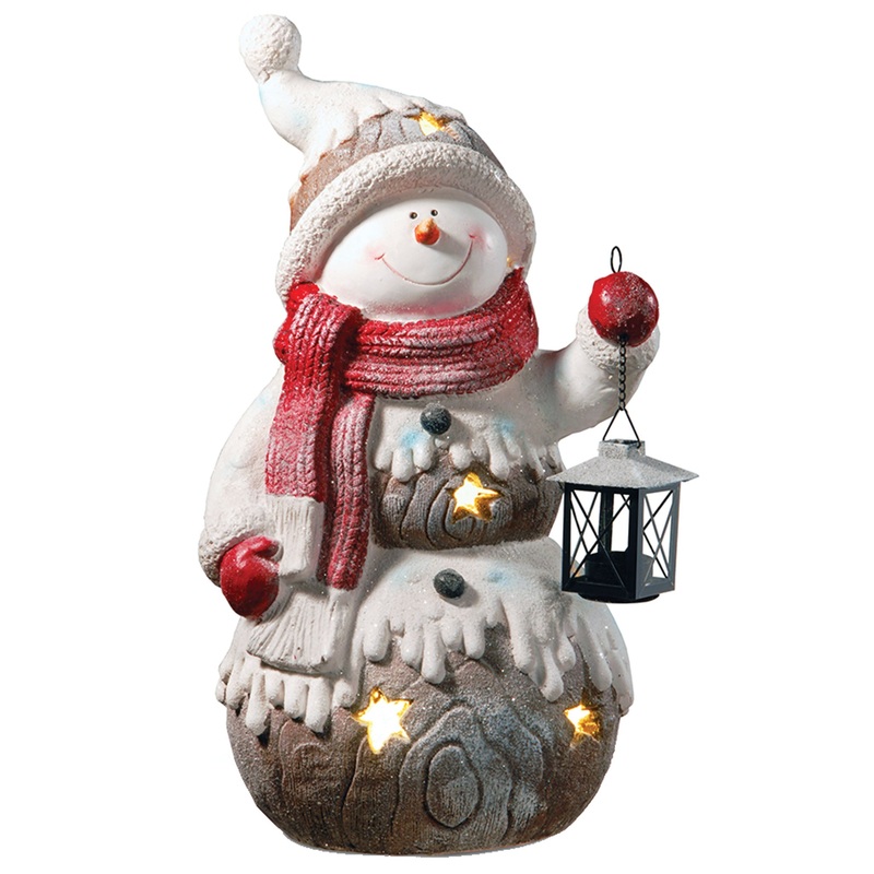 21 in. Snowman Holding Lantern Candleholder with Stars & Lights