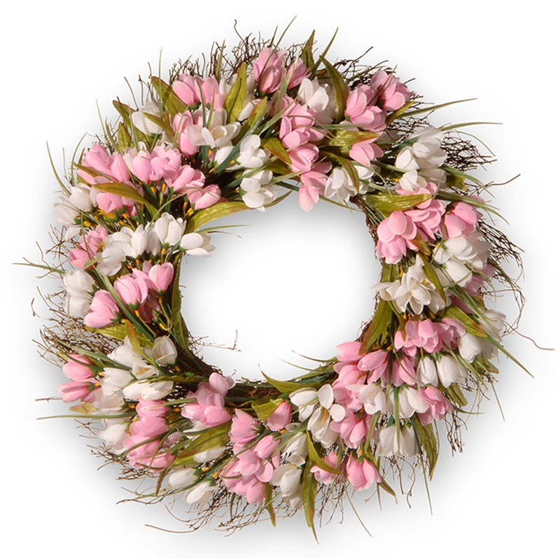 21 in. Spring Wreath with Pink and White Tulips, Flowing Green Stems