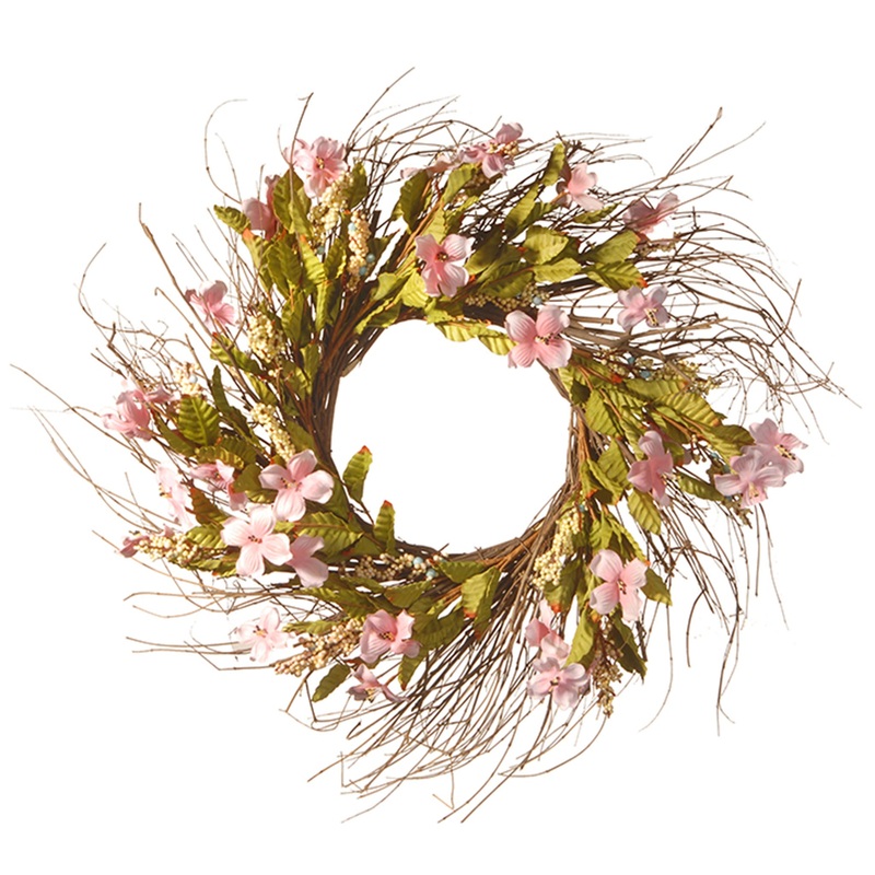 22 in. Spring Wreath with Dogwood Flowers, Leafy Greens