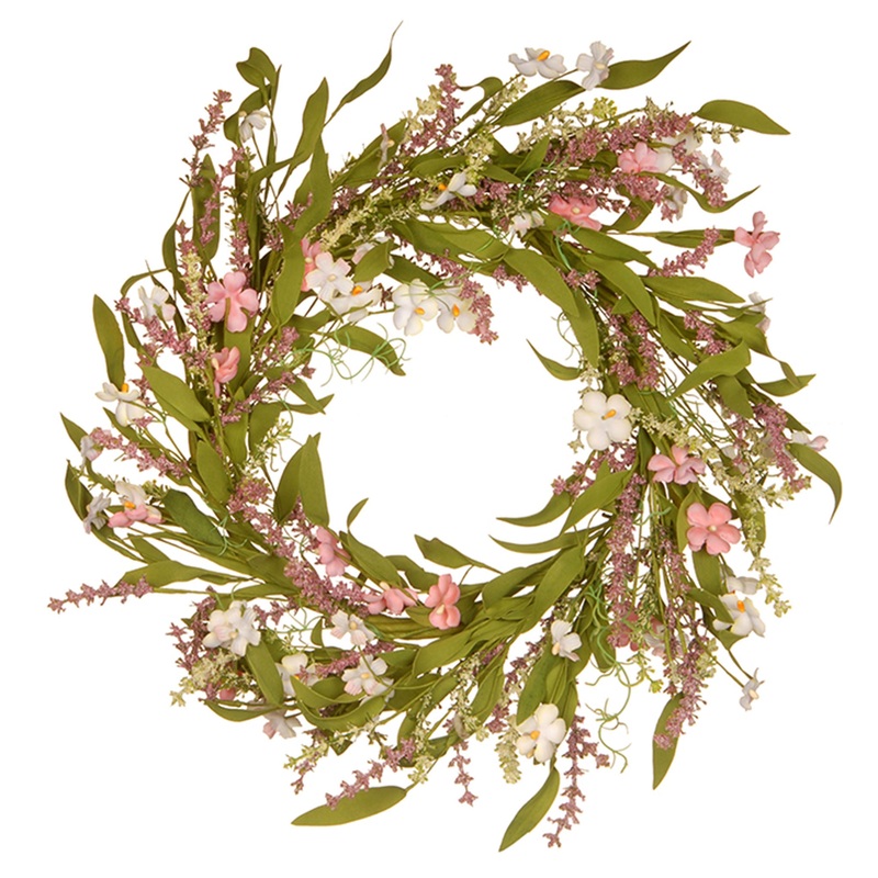 22 in. Spring Wreath with Flower Blooms, Seed Pods, Leafy Greens